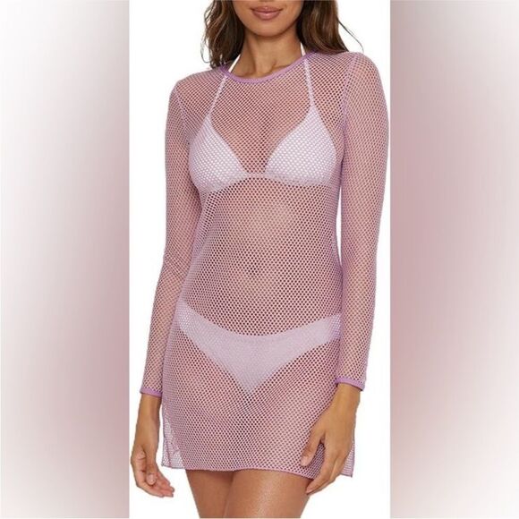 BECCA Scoop Neck Long Sleeve Swim Coverup Mesh Dress Lilac Purple Large NEW - Picture 4 of 9